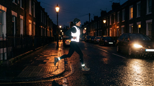 Runner on a UK street at night wearing a reflective gilet and ankle bands lit up by an approaching car's headlights