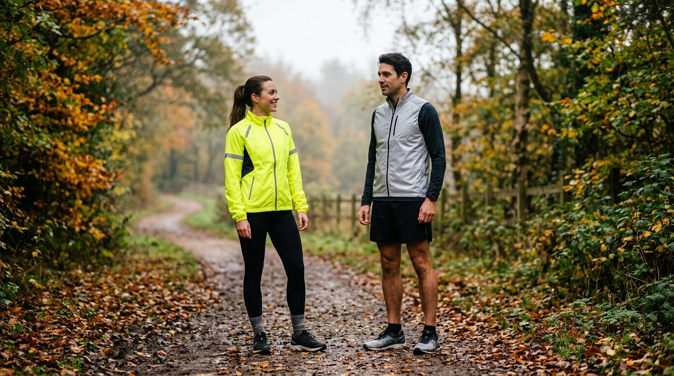 Runner in a bright yellow hi vis reflective running jacket and reflective running gilet on a UK trail