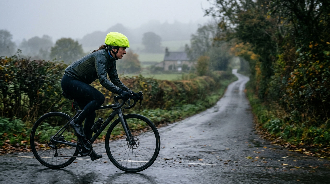 Cyclist riding in the rain wearing a bright yellow waterproof cycling helmet cover