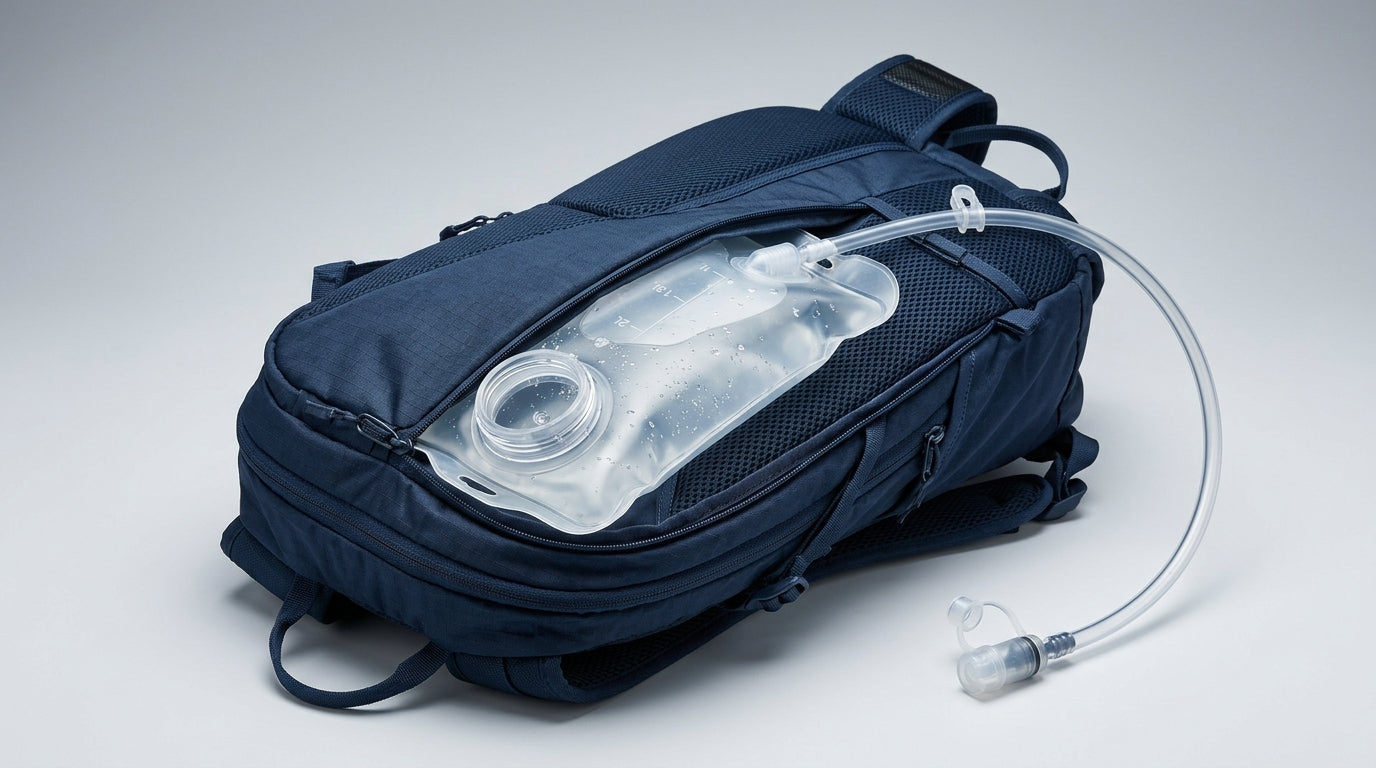 Clear 2 litre hydration bladder with bite valve and flexible tube, partially inserted into a navy cycling backpack, on a light grey studio background