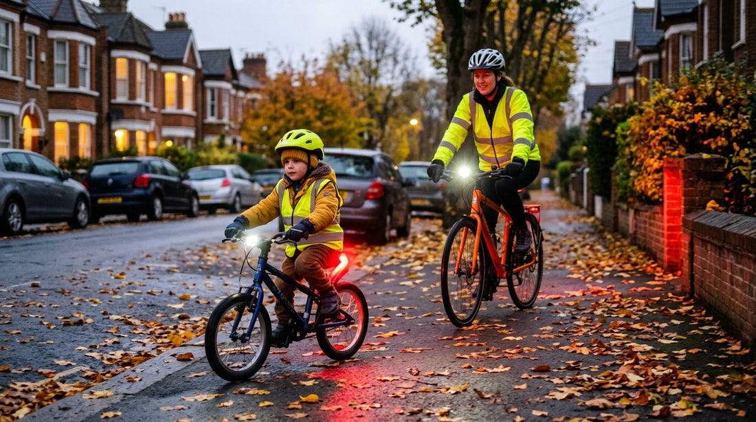 A child riding a small bike on a UK street at dusk with a glowing red rear bike light and white front light, a parent in hi vis riding alongside