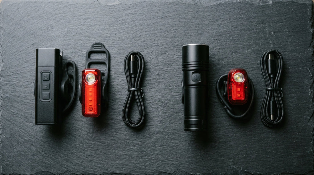 Two USB rechargeable bike light sets laid out side by side for review on a dark slate surface, each with a front white LED light and a red rear LED light
