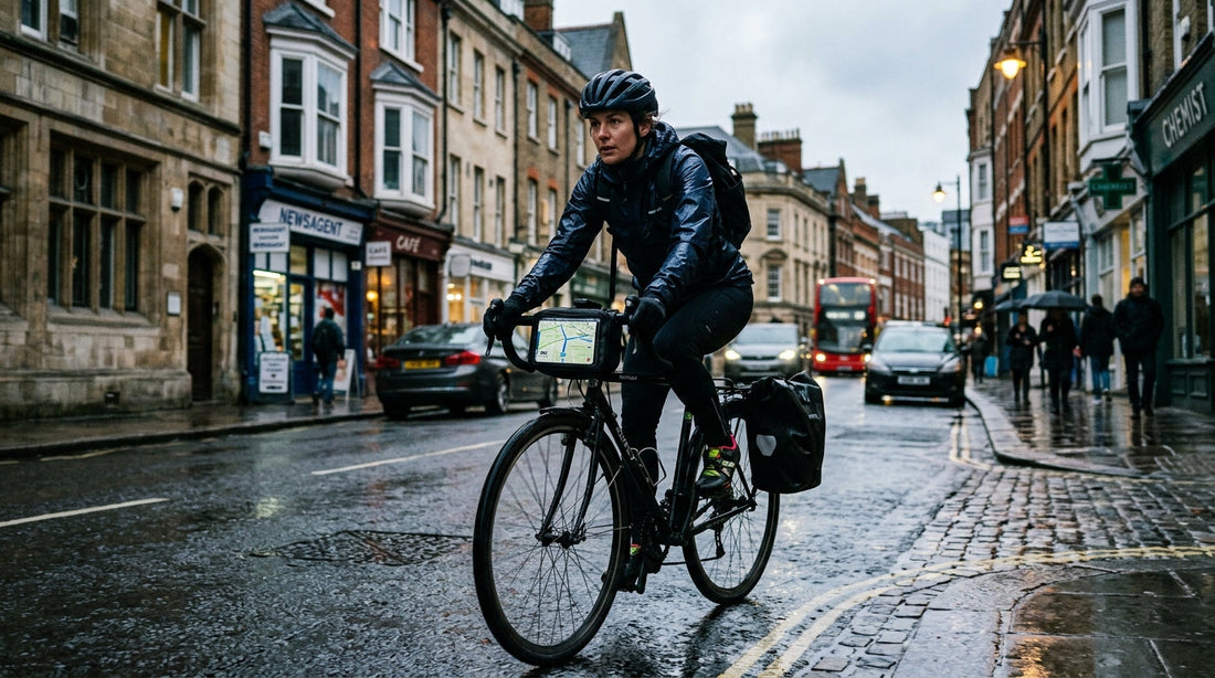 Cyclist commuting with phone mounted in a handlebar bike phone bag showing navigation