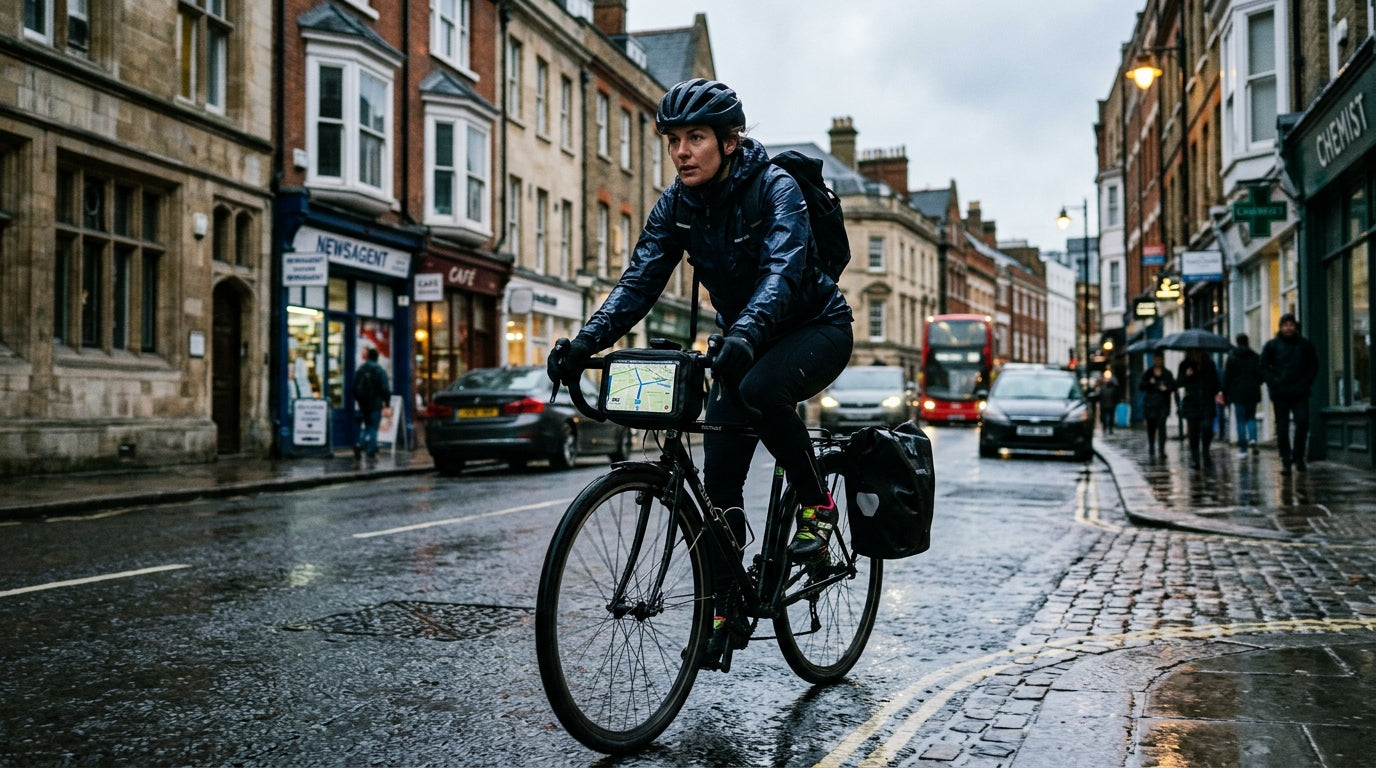 Cyclist commuting with phone mounted in a handlebar bike phone bag showing navigation