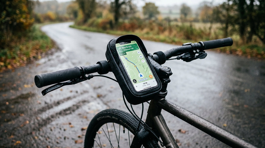 Waterproof bike phone bag mounted on bicycle handlebars showing a navigation screen