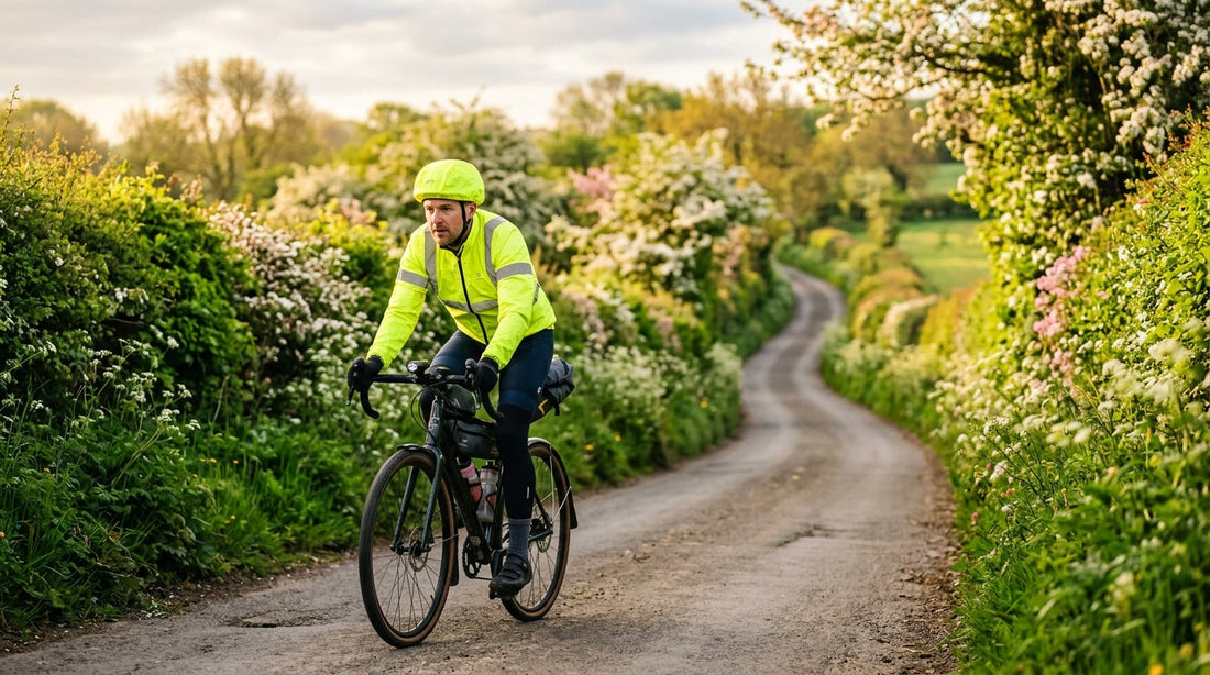 Cyclist riding along a spring country lane wearing hi-vis gear and a waterproof helmet cover in golden morning light