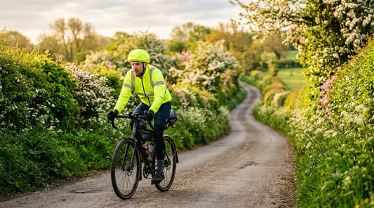 Cyclist riding along a spring country lane wearing hi-vis gear and a waterproof helmet cover in golden morning light