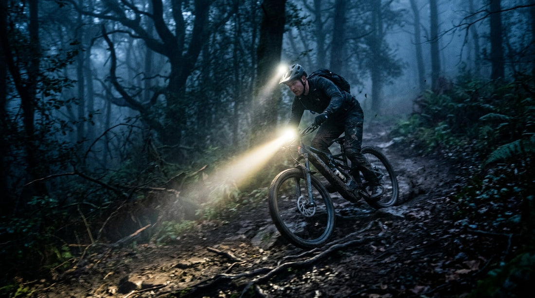 Mountain biker riding a forest singletrack trail at night with bright handlebar and helmet bike lights cutting through the dark woods