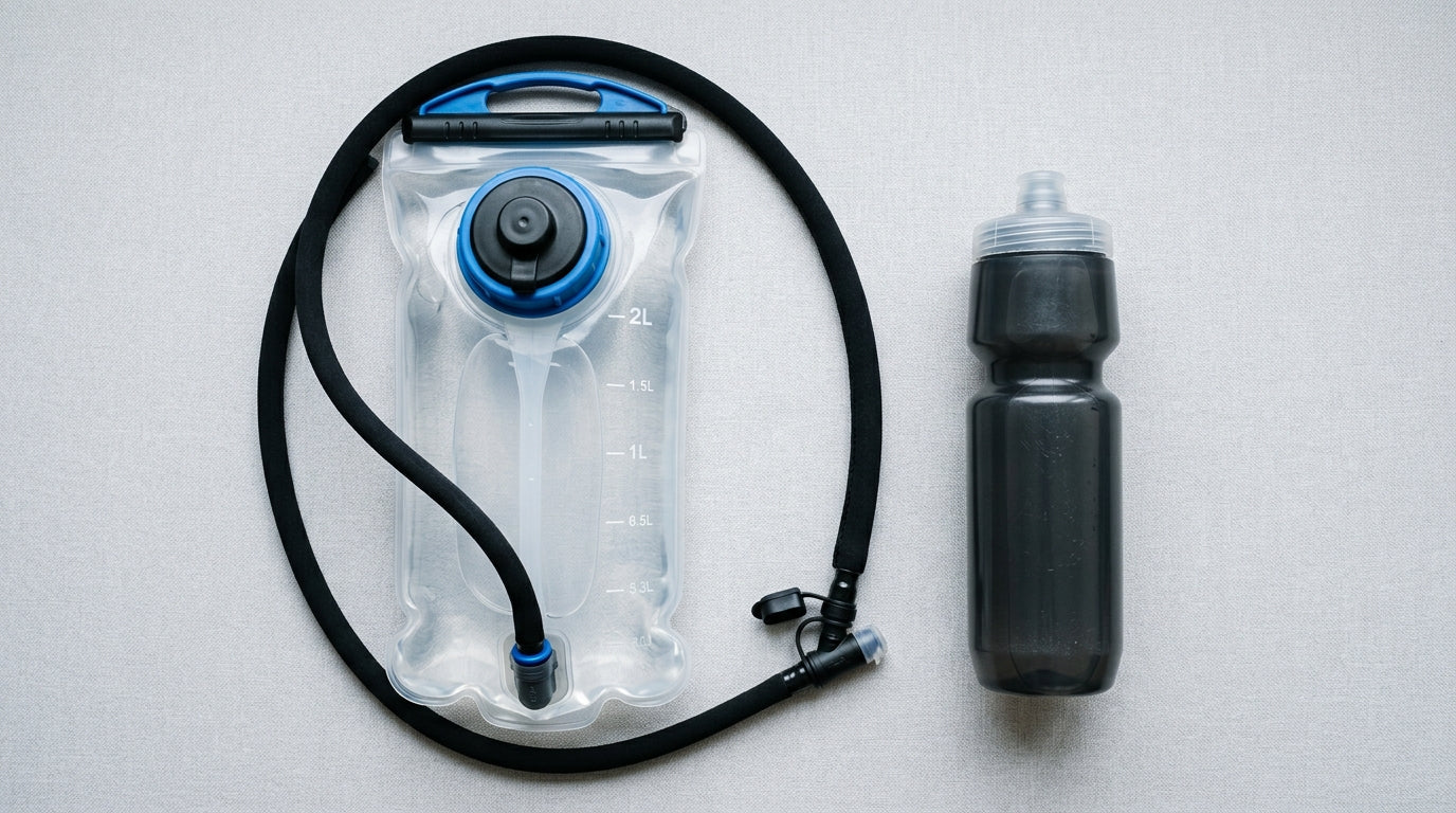 2L hydration bladder with bite valve hose laid out next to a cycling water bottle, top-down view