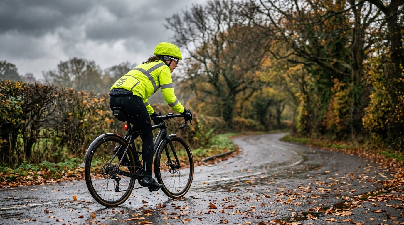 Cyclist in a hi vis yellow waterproof jacket riding through light rain on a wet British country lane in autumn