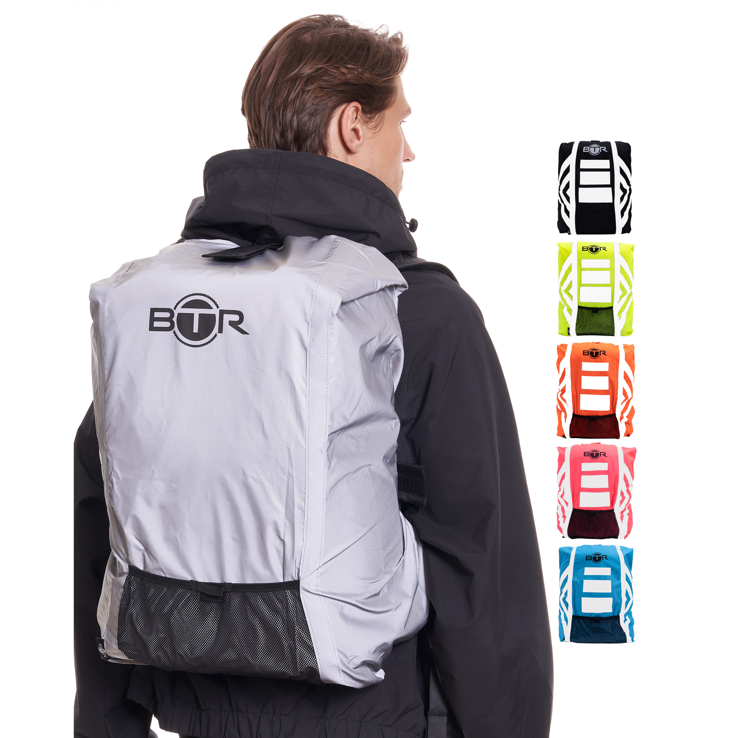 BTR silver waterproof hi vis backpack cover worn by a cyclist