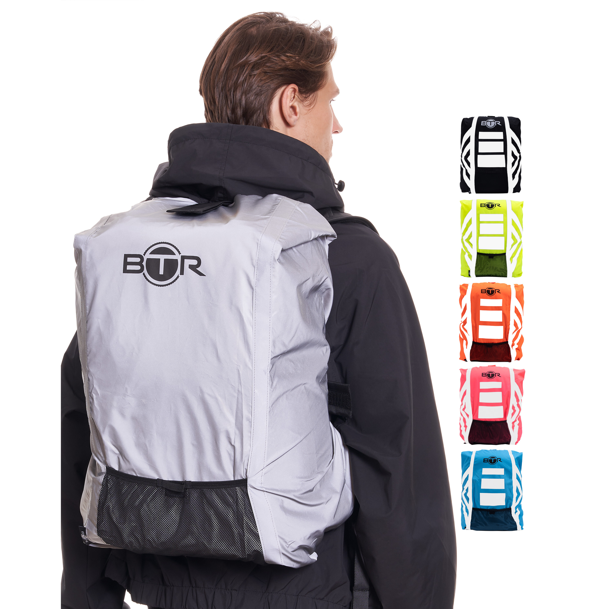 BTR silver waterproof hi vis backpack cover worn by a cyclist