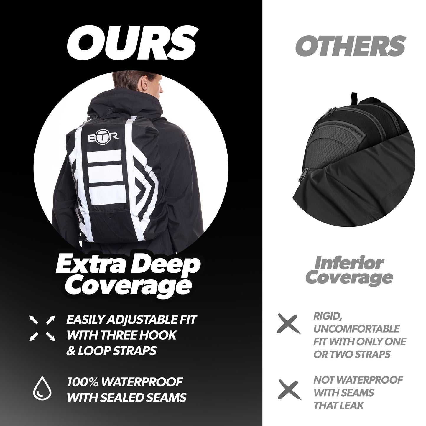 BTR black backpack cover with extra deep coverage and adjustable straps