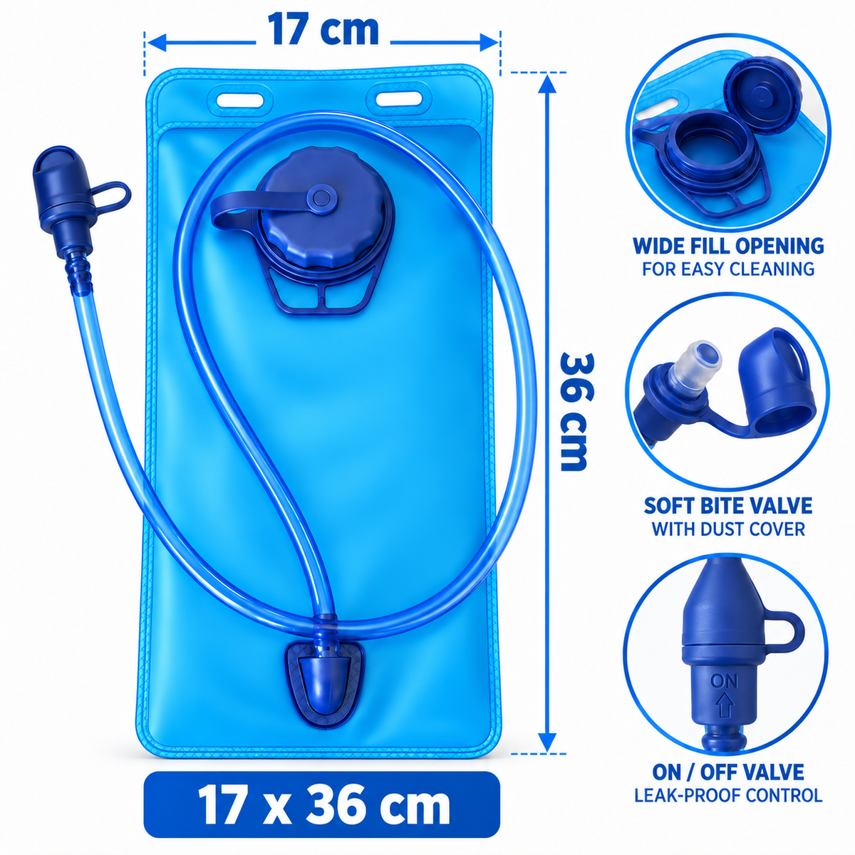 BTR hydration bladder dimensions 17 x 36 cm with wide fill opening, soft bite valve with dust cover and ON/OFF valve