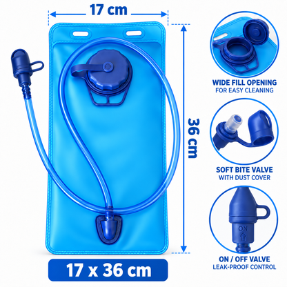 BTR hydration bladder dimensions 17 x 36 cm with wide fill opening, soft bite valve with dust cover and ON/OFF valve