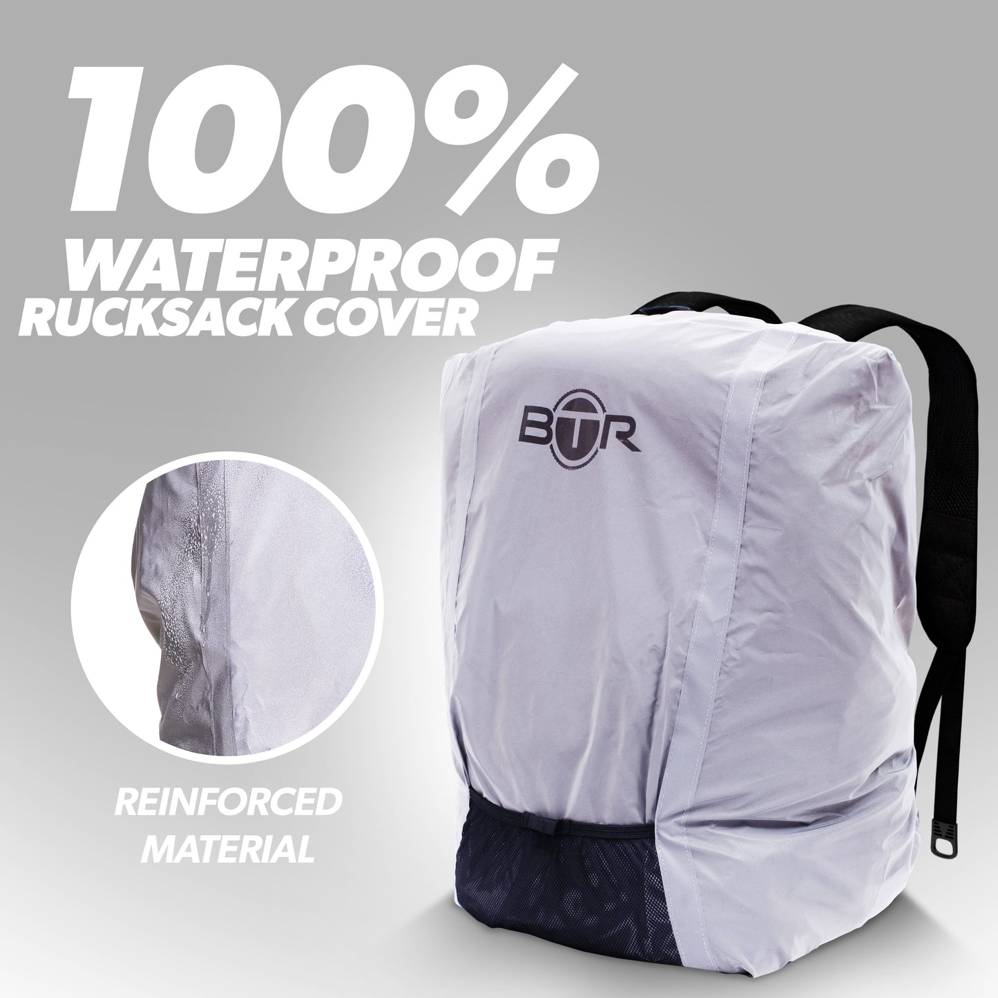 BTR silver 100% waterproof rucksack cover with reinforced material