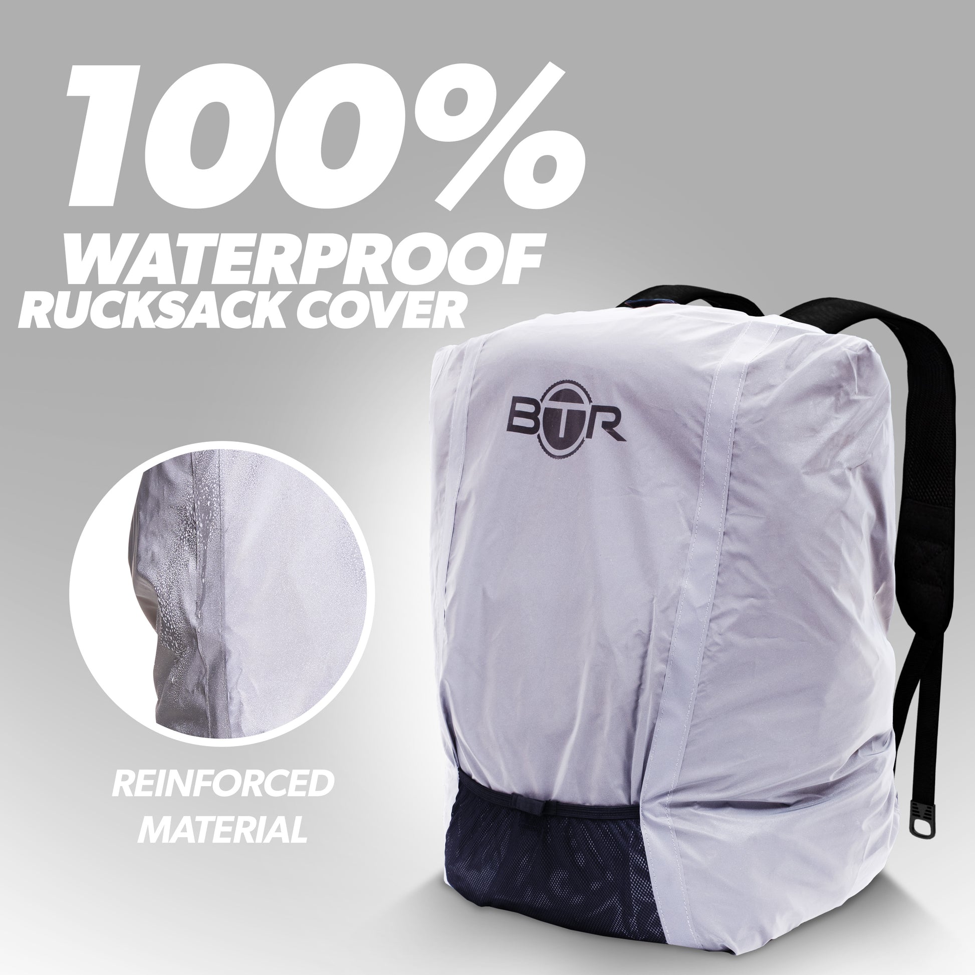 BTR silver 100% waterproof rucksack cover with reinforced material