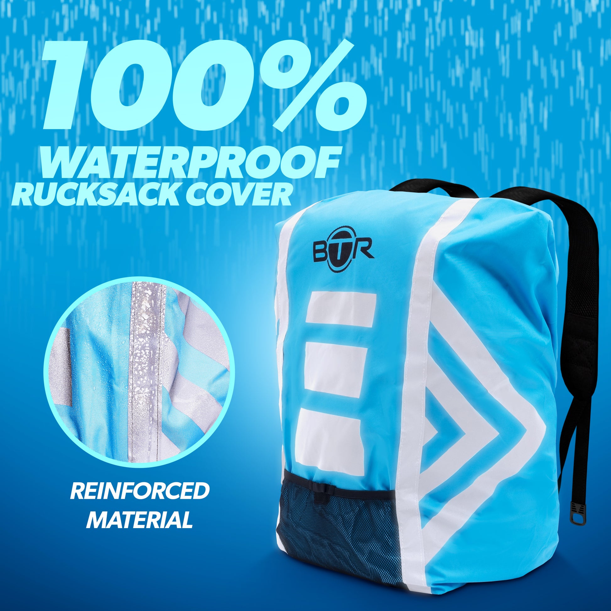 BTR blue 100% waterproof rucksack cover with reinforced material