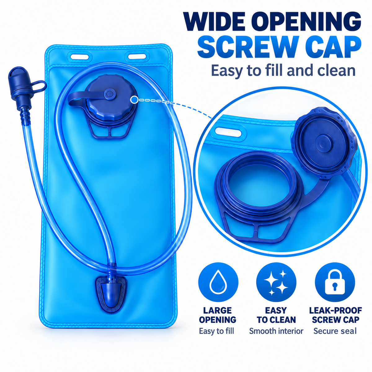 Wide screw cap opening on the BTR hydration bladder, easy to fill and clean