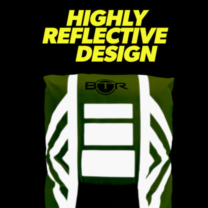 BTR yellow backpack cover with highly reflective design glowing in the dark