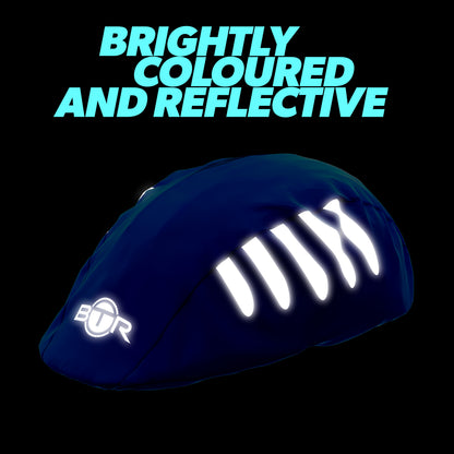 BTR blue bike helmet cover glowing in the dark with reflective strips
