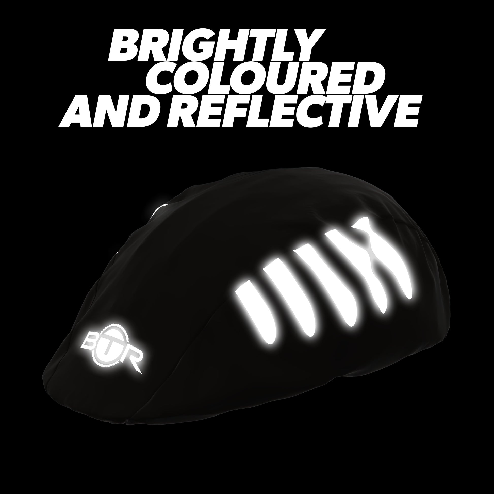 BTR black bike helmet cover glowing in the dark with reflective strips