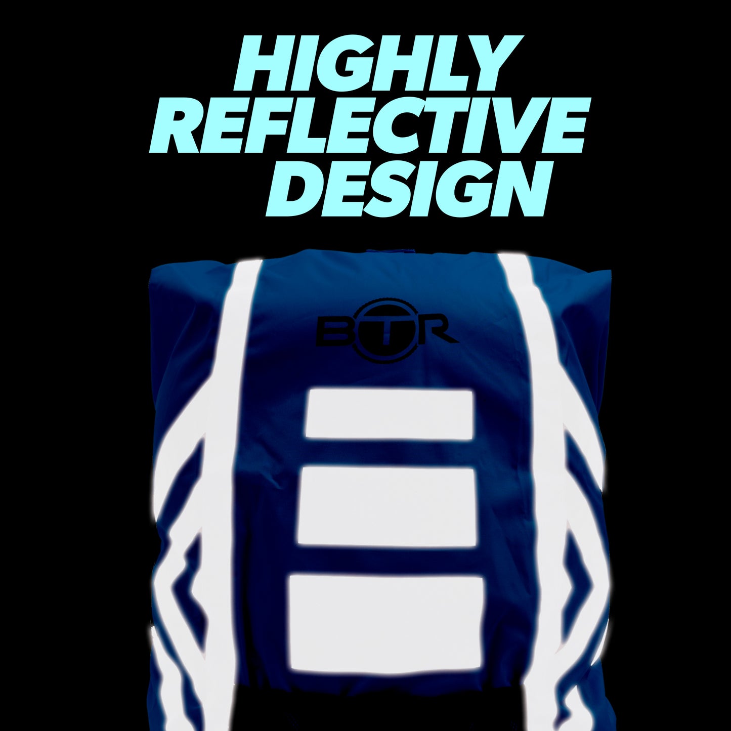BTR blue backpack cover with highly reflective design glowing in the dark
