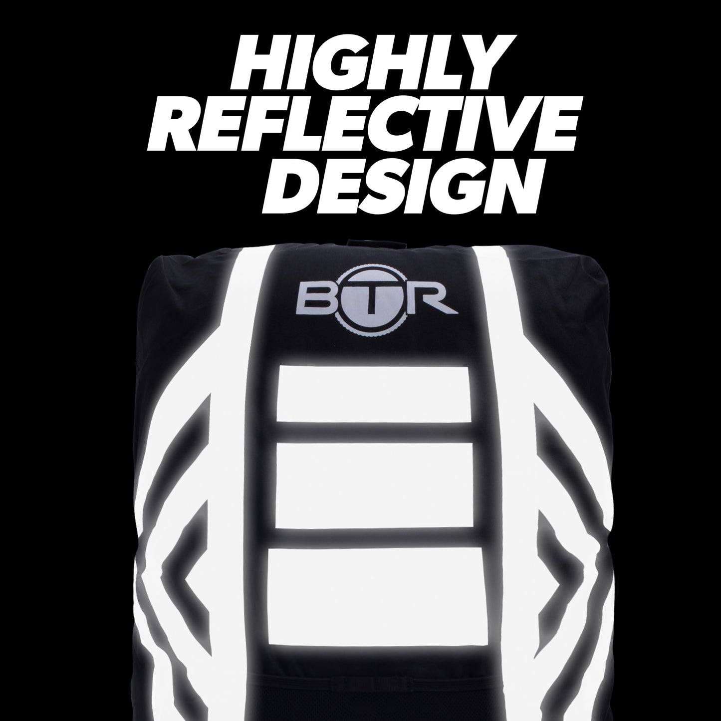 BTR black backpack cover with highly reflective design glowing in the dark