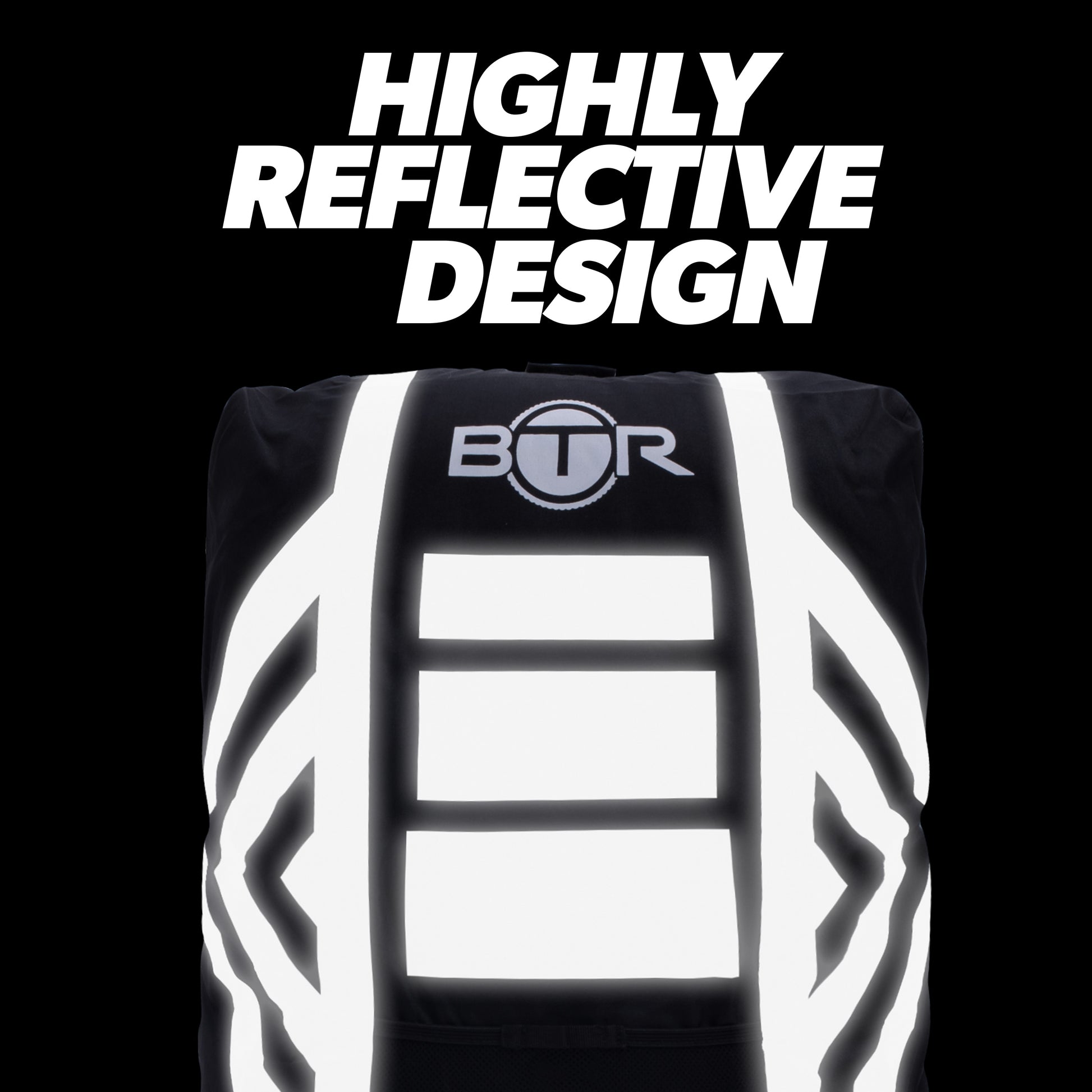 BTR black backpack cover with highly reflective design glowing in the dark