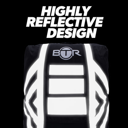 BTR black backpack cover with highly reflective design glowing in the dark