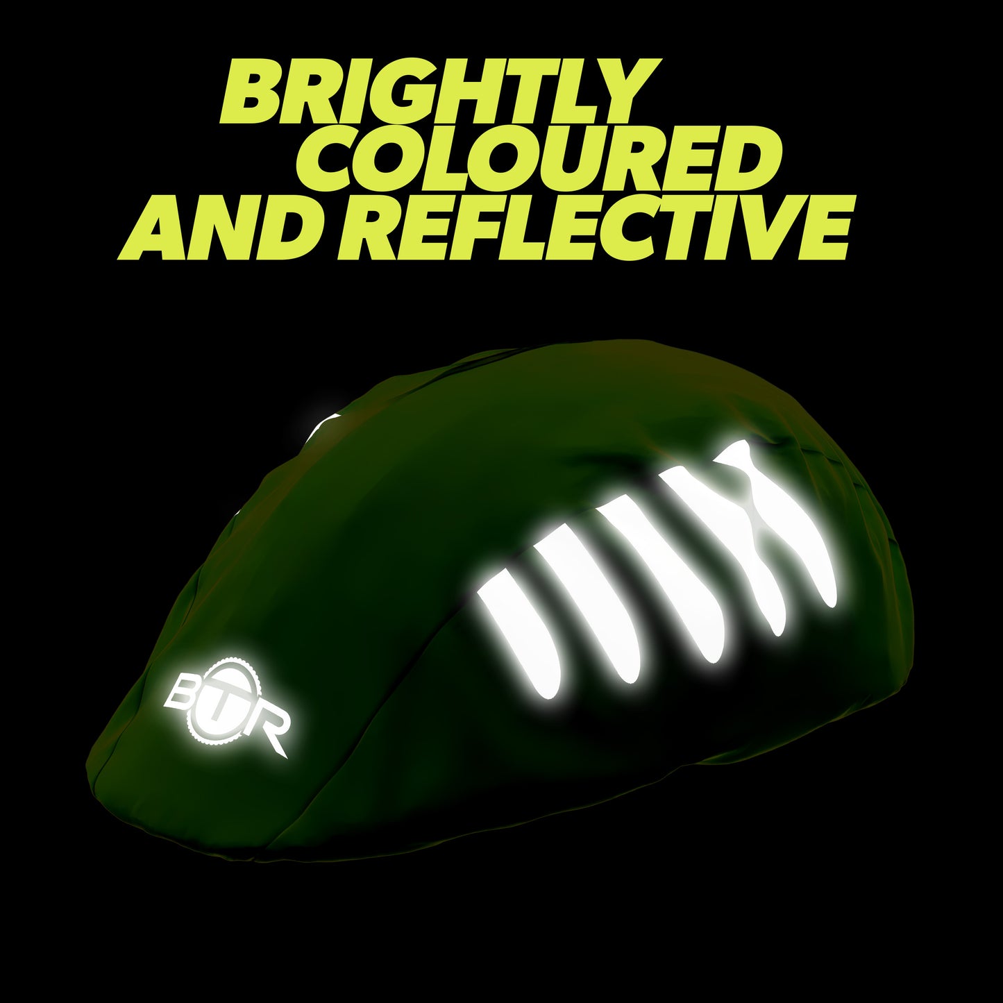 BTR yellow bike helmet cover glowing in the dark with reflective strips