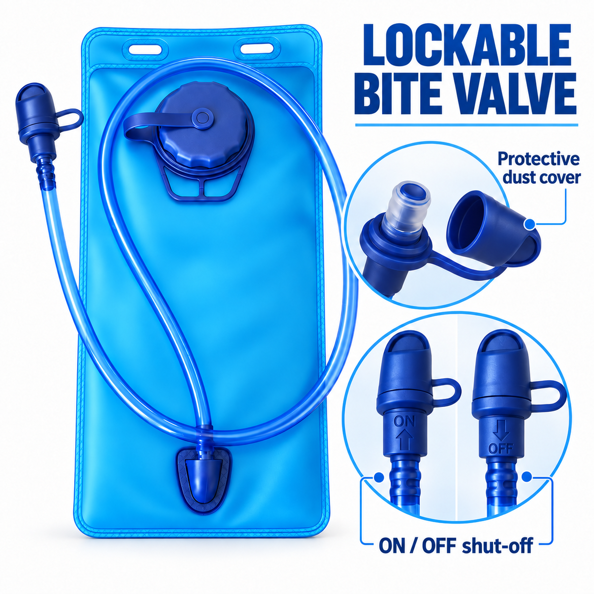 Lockable bite valve with protective dust cover and ON/OFF shut-off