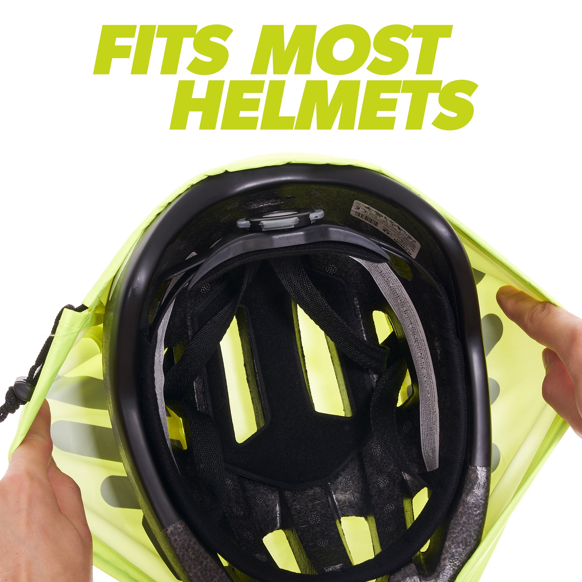 BTR yellow helmet cover stretched over a bike helmet, fits most helmets