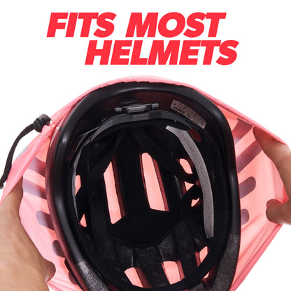 BTR pink helmet cover stretched over a bike helmet, fits most helmets