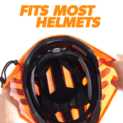 BTR orange helmet cover stretched over a bike helmet, fits most helmets