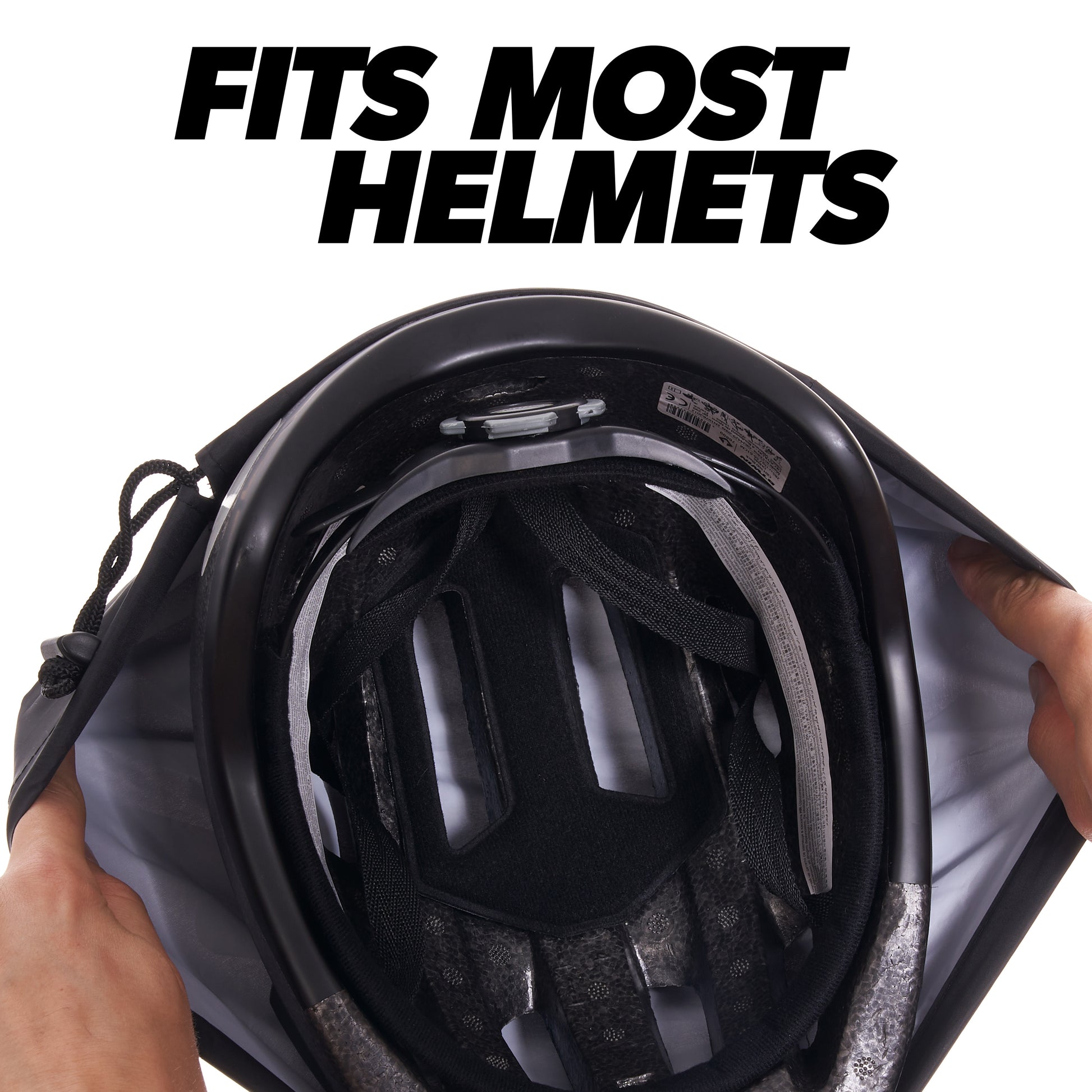 BTR black helmet cover stretched over a bike helmet, fits most helmets