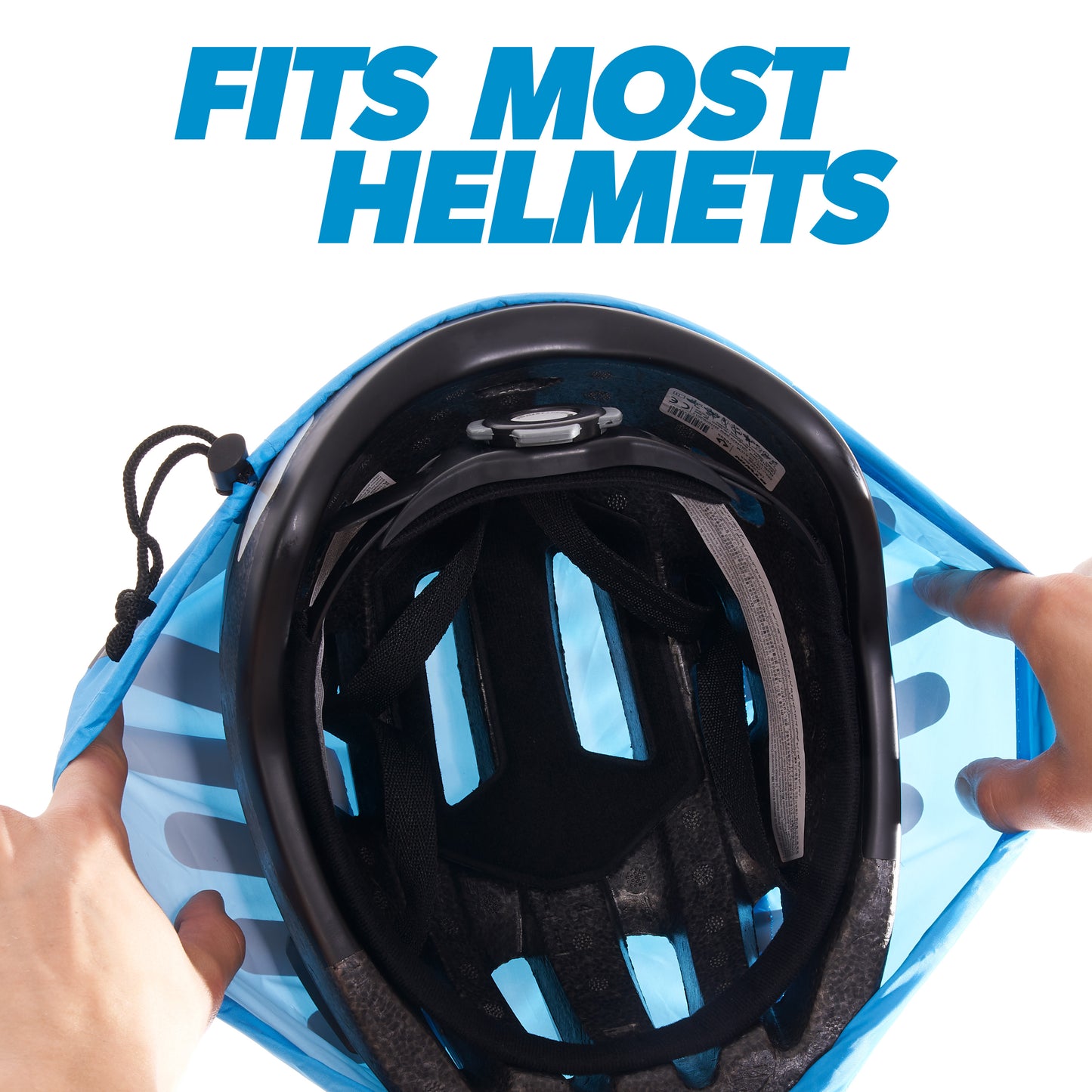 BTR blue helmet cover stretched over a bike helmet, fits most helmets