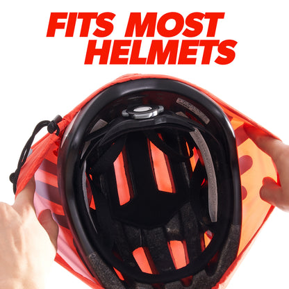BTR red helmet cover stretched over a bike helmet, fits most helmets