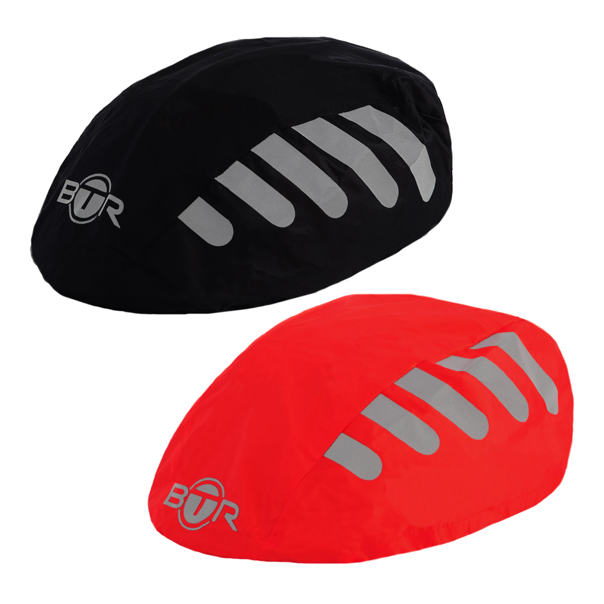 BTR waterproof cycling helmet covers 2 pack, both covers laid out, Red & Black