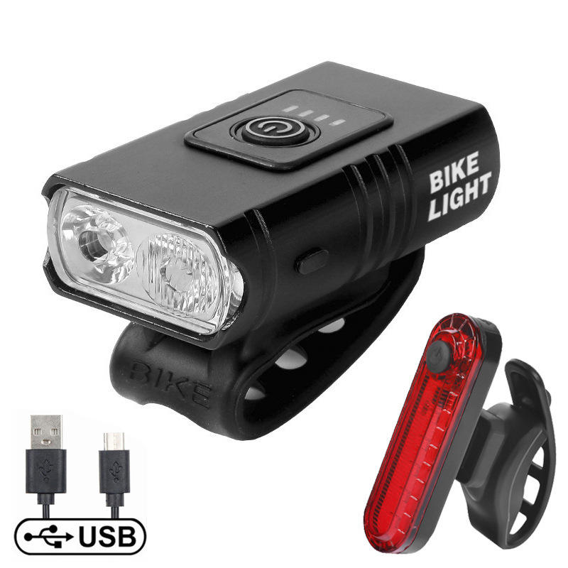 USB Rechargeable Bike Lights Set Battery Indicator 500 Lumen Twin T6 LED Front & COB Rear Waterproof
