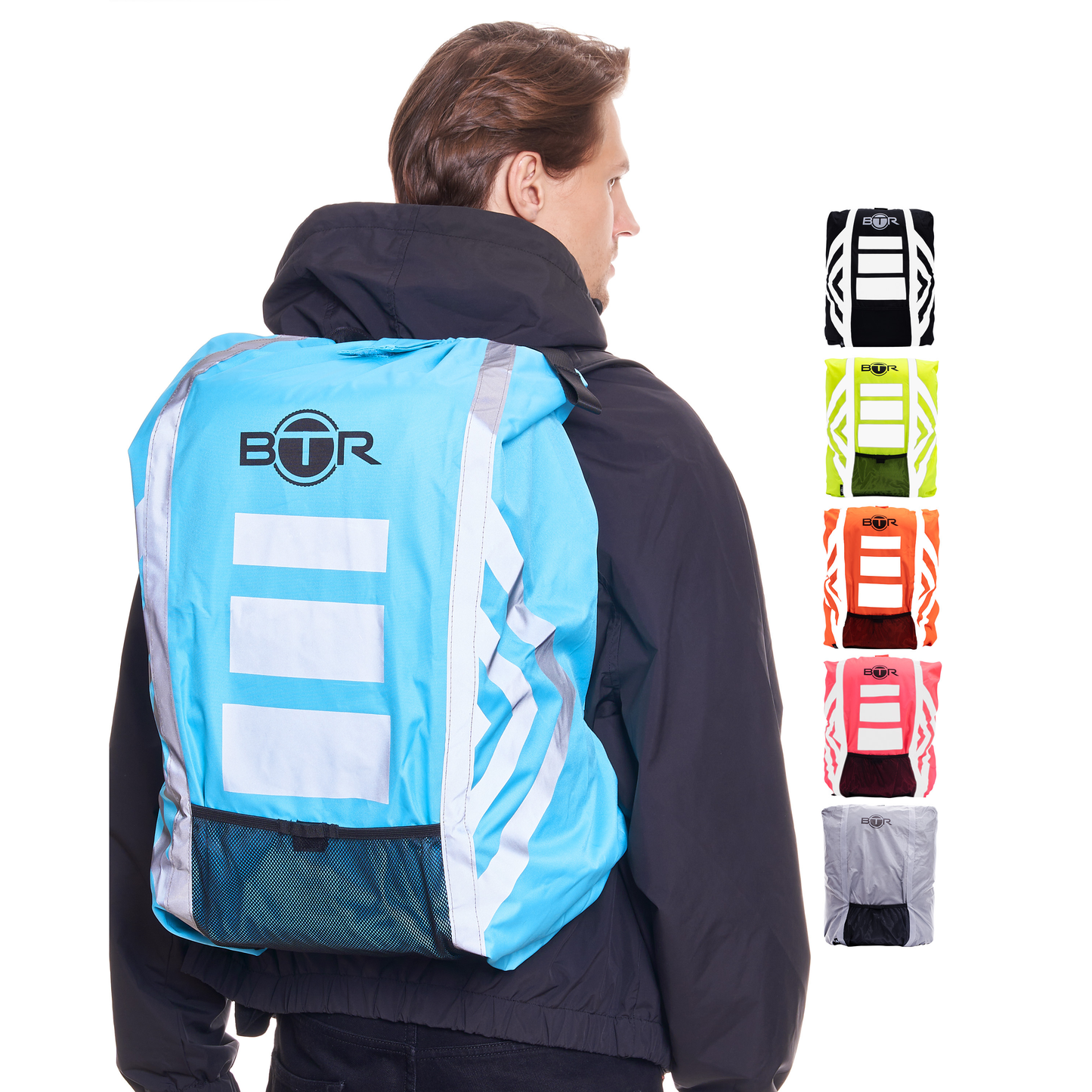 BTR blue waterproof hi vis backpack cover worn by a cyclist