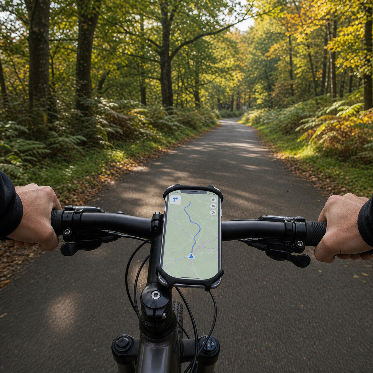 A smartphone mounted on a bicycle handlebar in a forest setting, with a paved path stretching ahead through trees. A person's hands are visible gripping the handlebars.