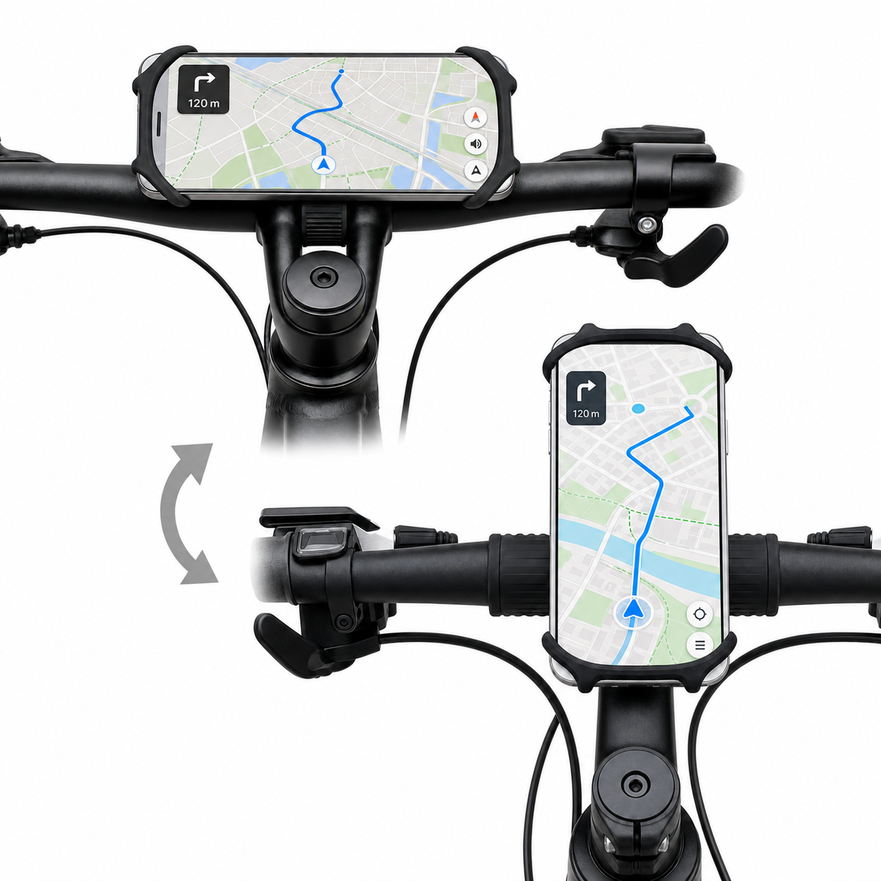 infographic showing a bike phone holder that can be used to hold a smartphone in both landscape and portrait views