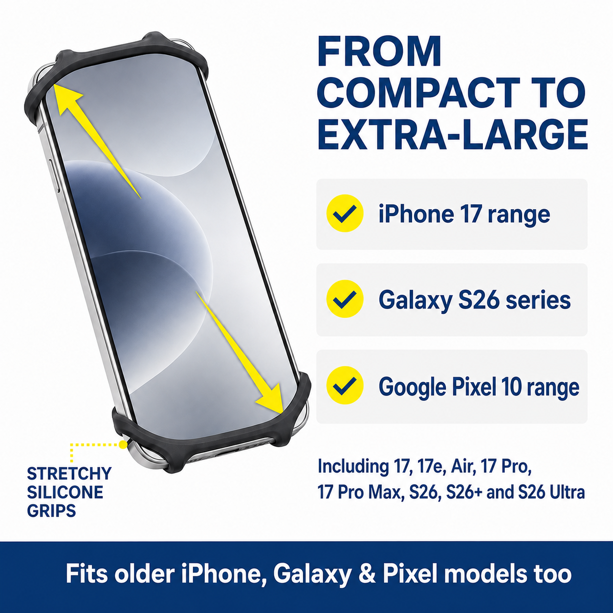 infographic-showing the phones that will fit in this universal bicycle phone holder