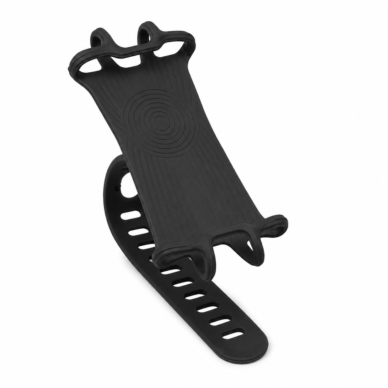 A black silicone phone strap with a textured center and adjustable slots, shown on a plain white background.