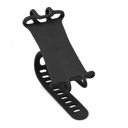 A black silicone phone strap with a textured center and adjustable slots, shown on a plain white background.