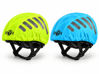 BTR waterproof hi vis cycling helmet covers 2 pack on two bike helmets, Blue & Yellow