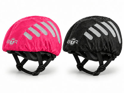 BTR waterproof hi vis cycling helmet covers 2 pack on two bike helmets, Pink & Black