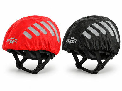 BTR waterproof hi vis cycling helmet covers 2 pack on two bike helmets, Red & Black