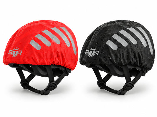 BTR waterproof hi vis cycling helmet covers 2 pack on two bike helmets, Red & Black